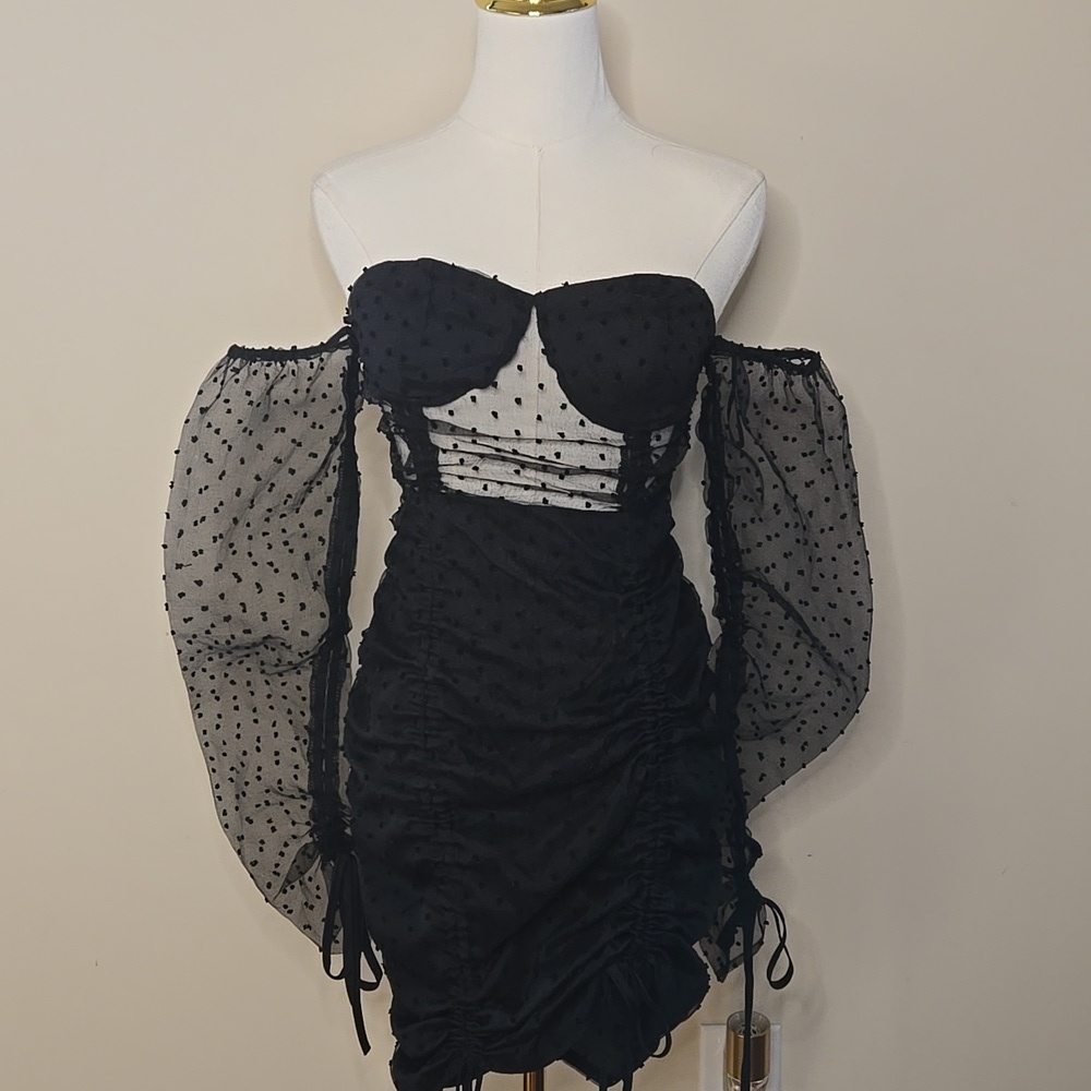 Boohoo Black Sheer Swiss Dot Mini Dress – Ruched Mesh Long Sleeve Size 2 - Picture 3 of 9